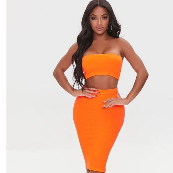 FOREVER 21-(2 PC) Orange Ribbed Tube Top & Knee Length Skirt- S/M - Picture 1 of 6